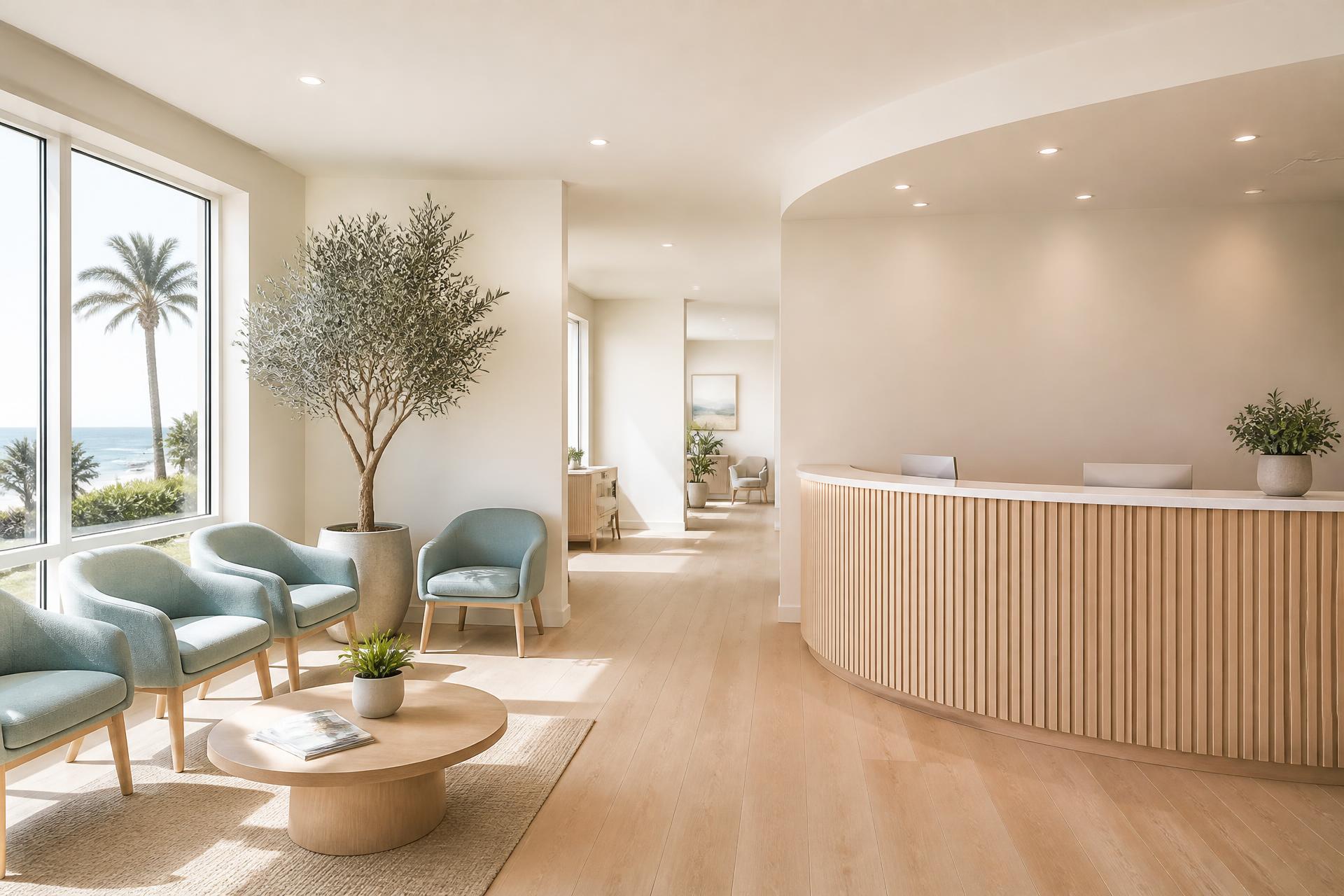 Bright coastal waiting room at Redondo Beach Dental Group